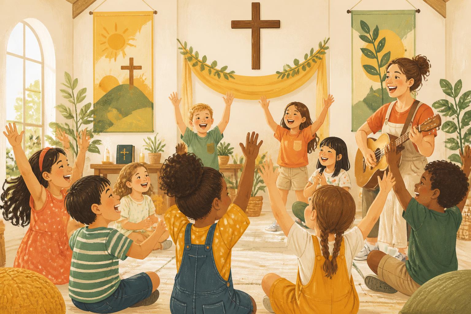 Crianças felizes em uma EBF com professora tocando violão